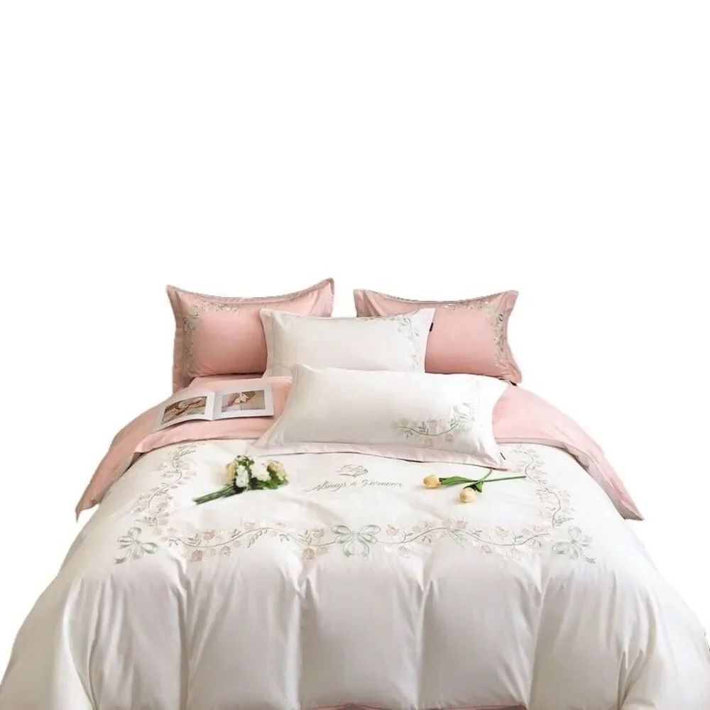 Queen Cotton Duvet Cover Set 3Pcs Embroidery Comforter Cover 2 Pillowcases Pink
